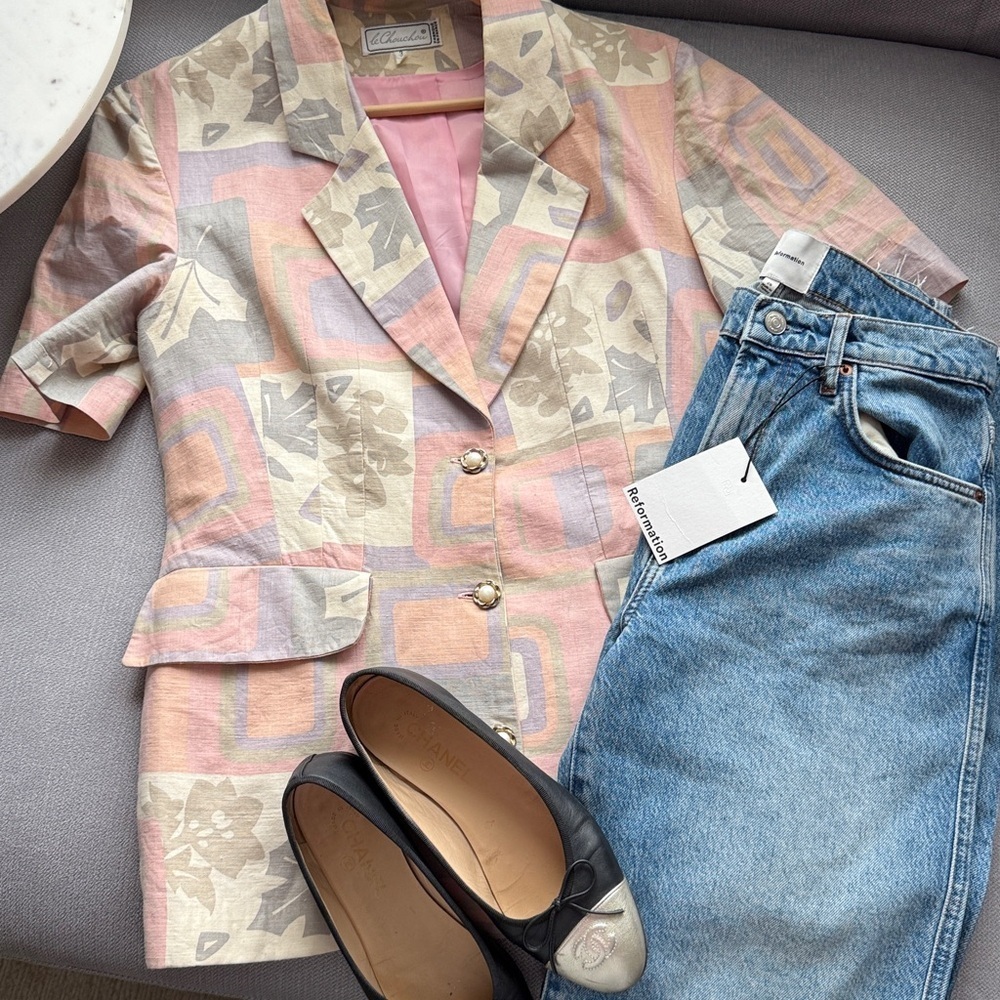 Le Chouchou Vintage Women's Floral Short Sleeve Blazer - Pink and Gray Size L